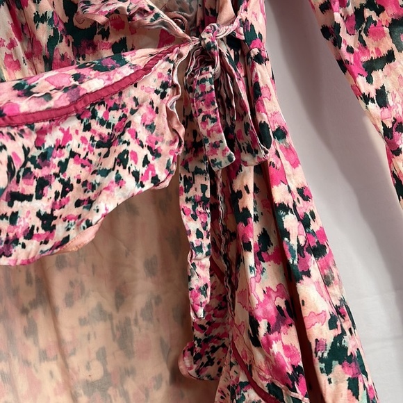 Rococo Sand M Mimi Wrap Dress Pink Watercolor Artsy Puffy Shoulder‎ 100% Cotton - Picture 9 of 16